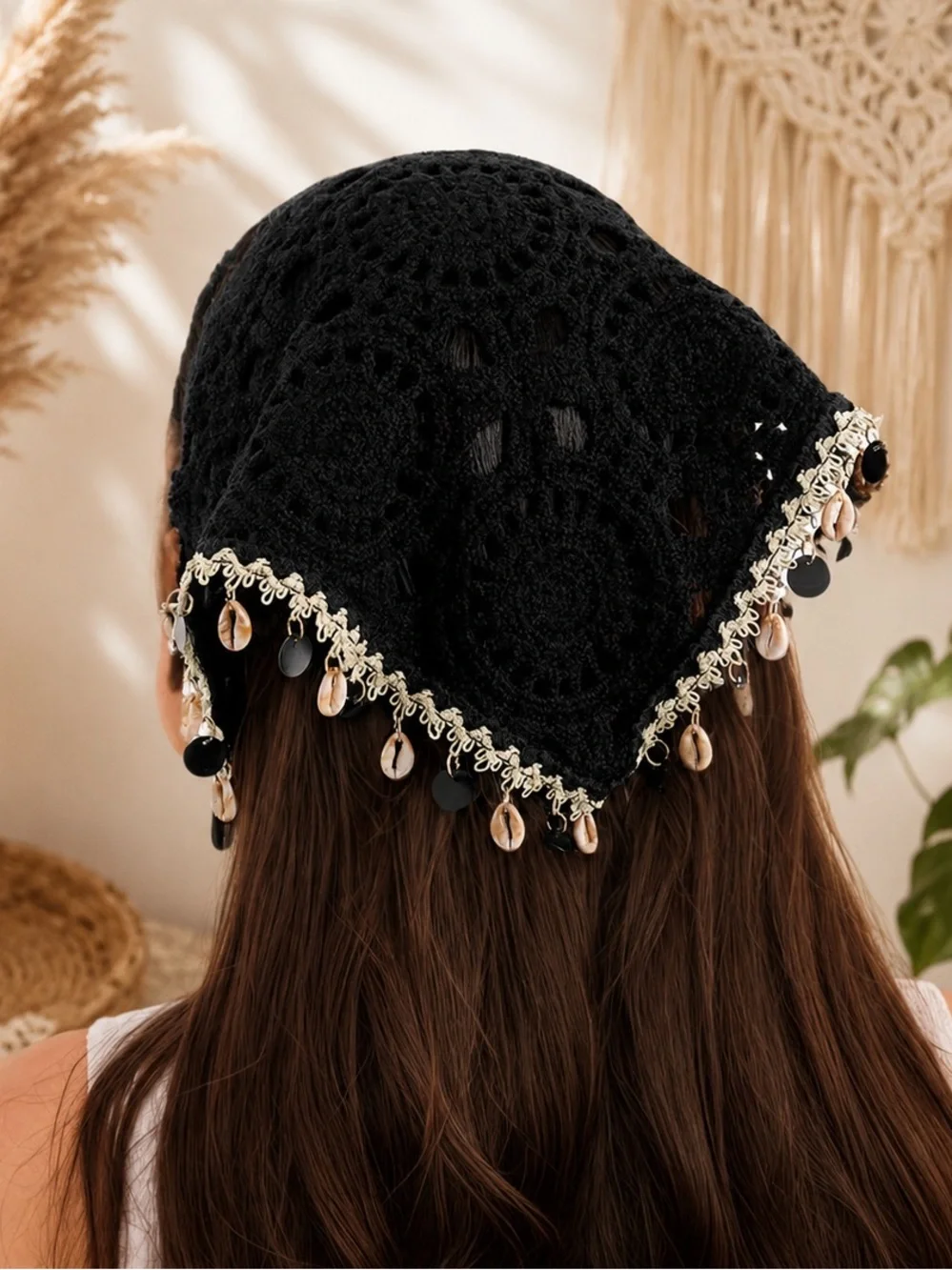 Boho Black Crochet Triangle Head Scarf Shell Charm Trim Beach Festival Bandana
